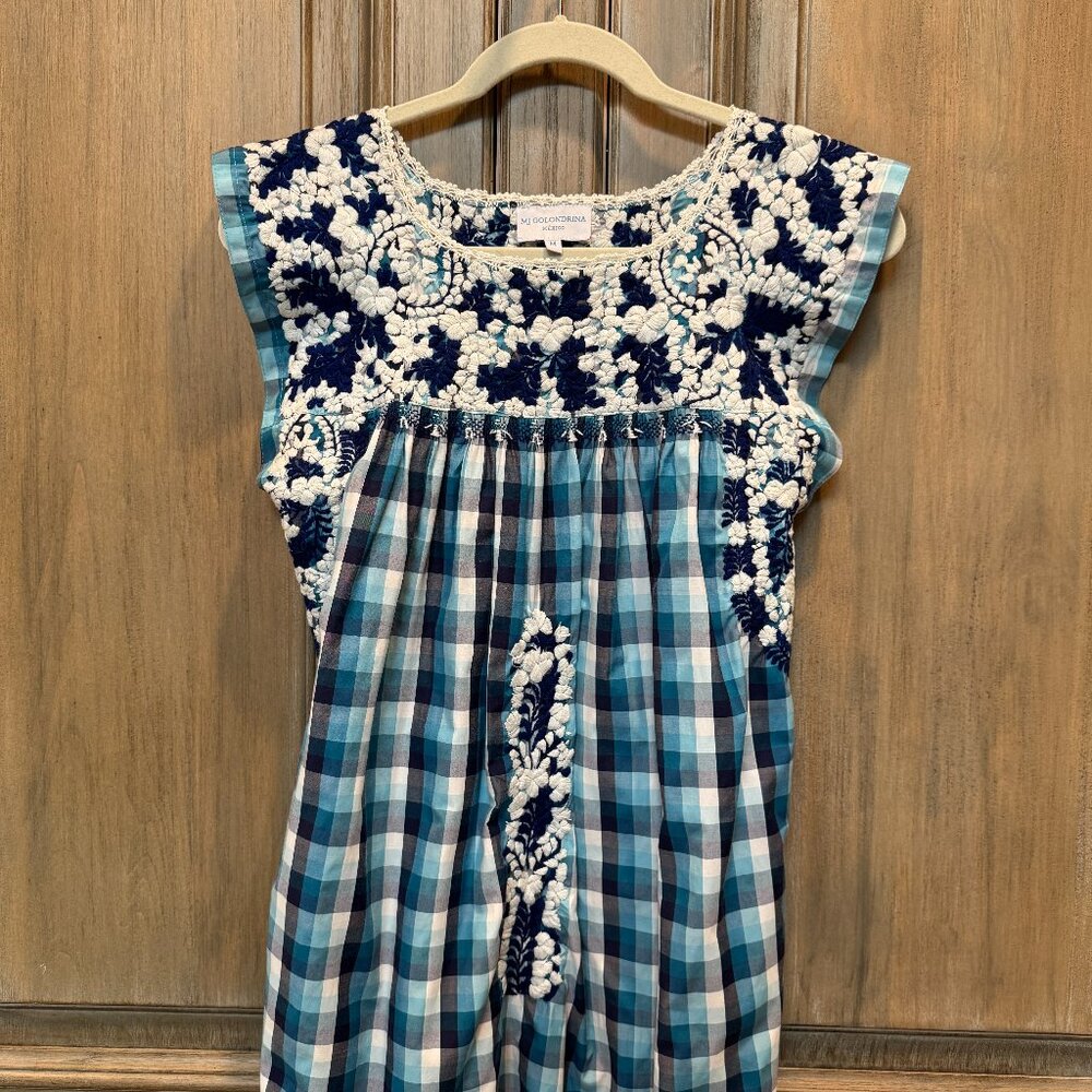 Mi Golondrina Blue & White Gingham Embroidered Mexican Blouse Size M